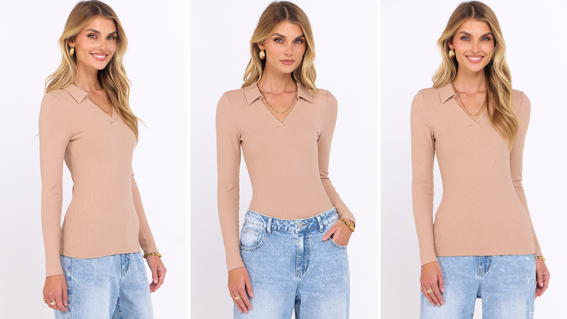 ANRABESS Women Long Sleeve Polo Shirts V Neck Slim Rib Knit